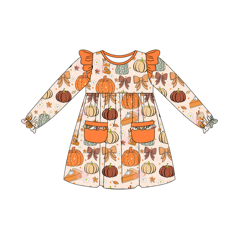 Baby Girls Long Ruffle Sleeves Pumpkin Bows Pockets Knee Length Dress Preorder