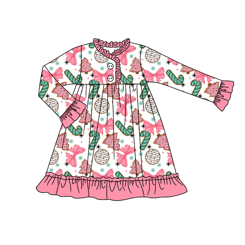 Baby Girls Long Sleeves Button Christmas Trees Candy Cane Ruffle Knee Length Dress Preorder