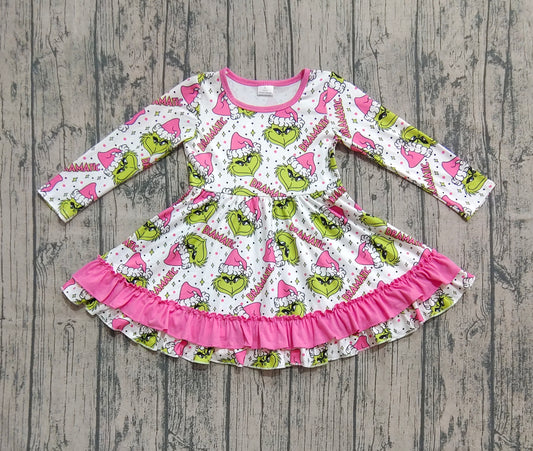 Baby Girls Christmas Green Face Stars Plaid Ruffle Knee Length Dresses