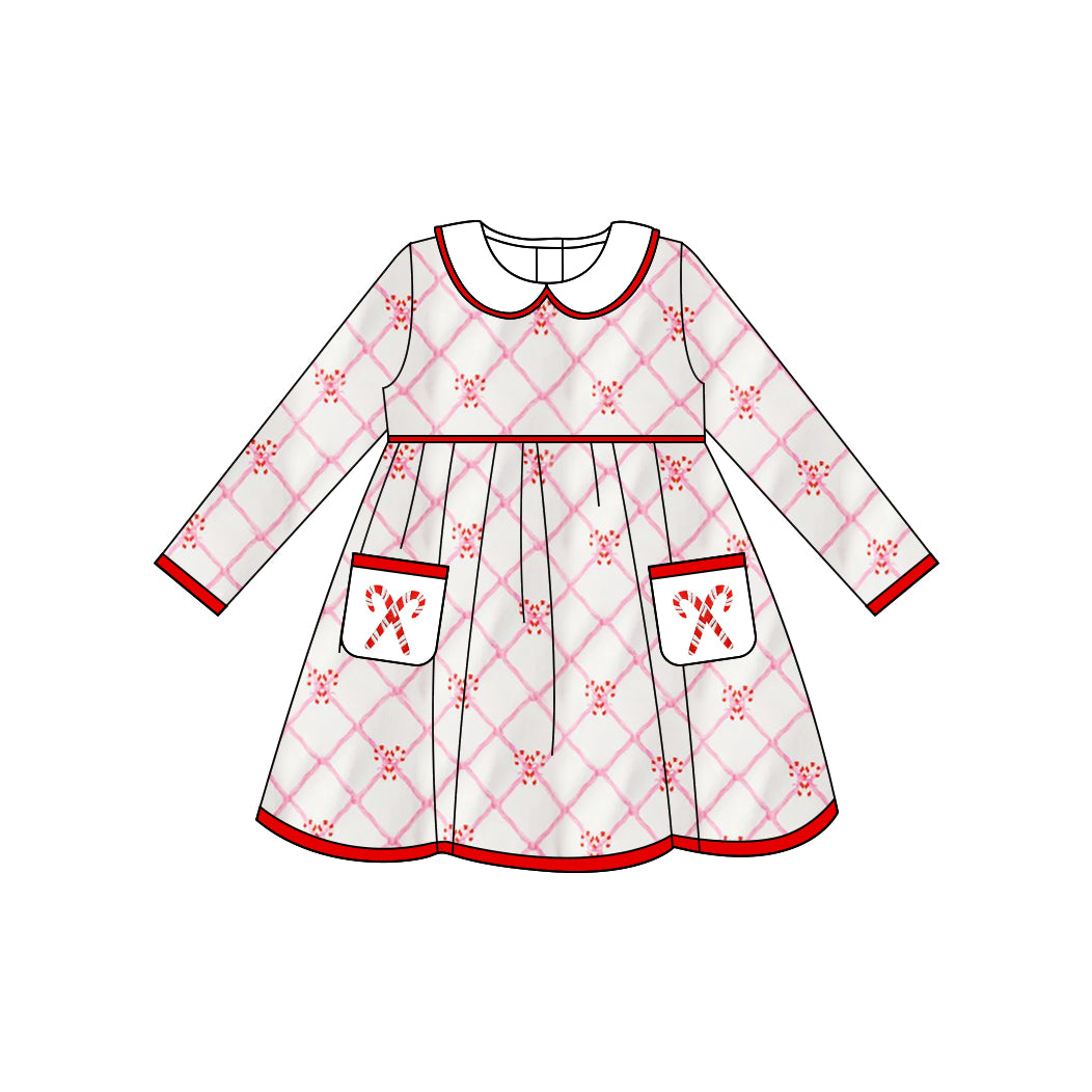 Baby Girls Flowers Plaid Candy Cane Pockets Christmas Knee Length Dresses Preorder