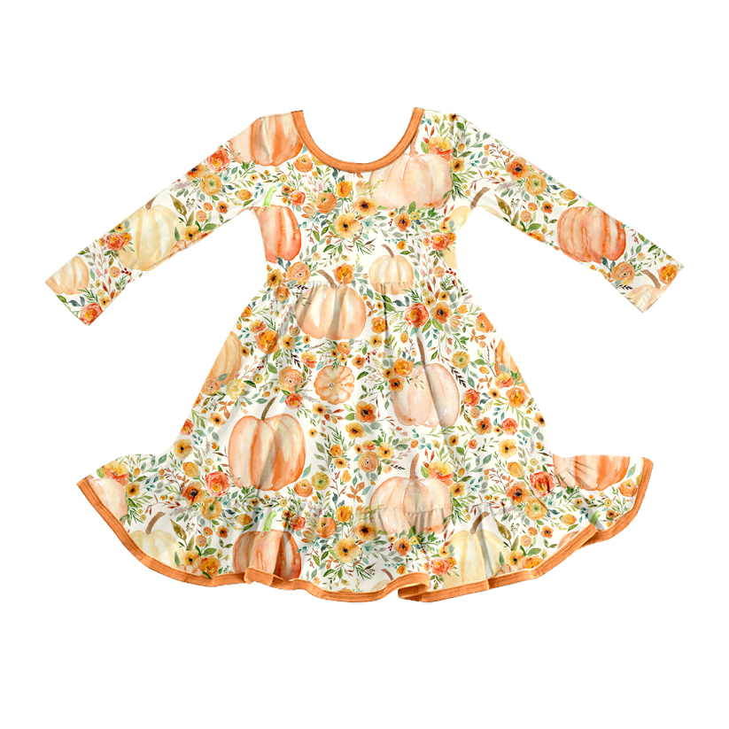 Baby Girls Pumpkins Floral Fall Ruffle Knee Length Dresses Preorder