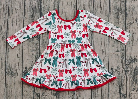 Baby Girls Green Red Bows Plaid Christmas Ruffle Knee Length Dresses