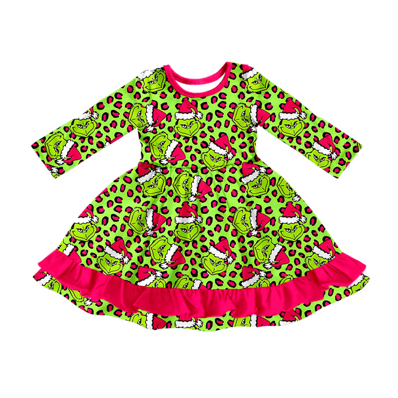 Baby Girls Christmas Green Face Leopard Ruffle Knee Length Dresses Preorder