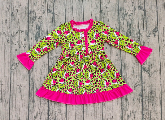 Baby Girls Green Leopard Grin Christmas Button Ruffle Knee Length Dresses