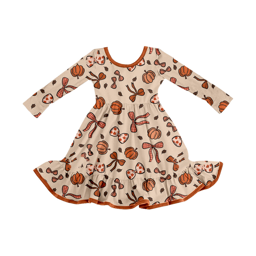Baby Girls Fall Pumpkins Bows Plaid Ruffle Knee Length Dresses Preorder