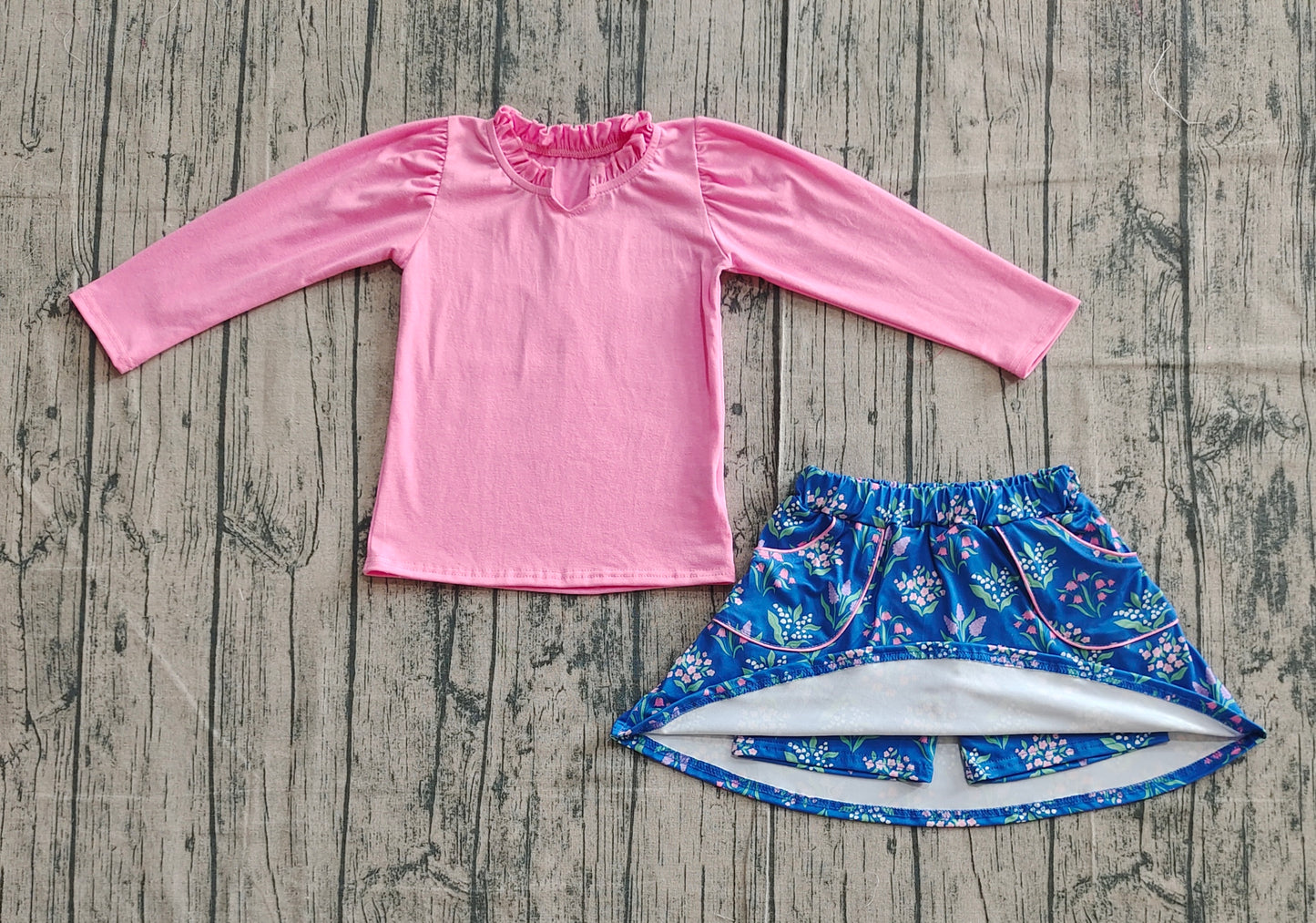 Baby Girls Pink Shirts Top Floral Pockets Skirts Sets