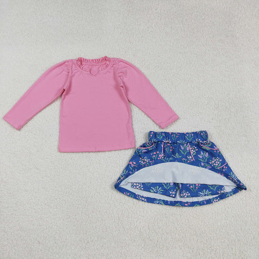 Baby Girls Pink Shirts Top Floral Pockets Skirts Sets