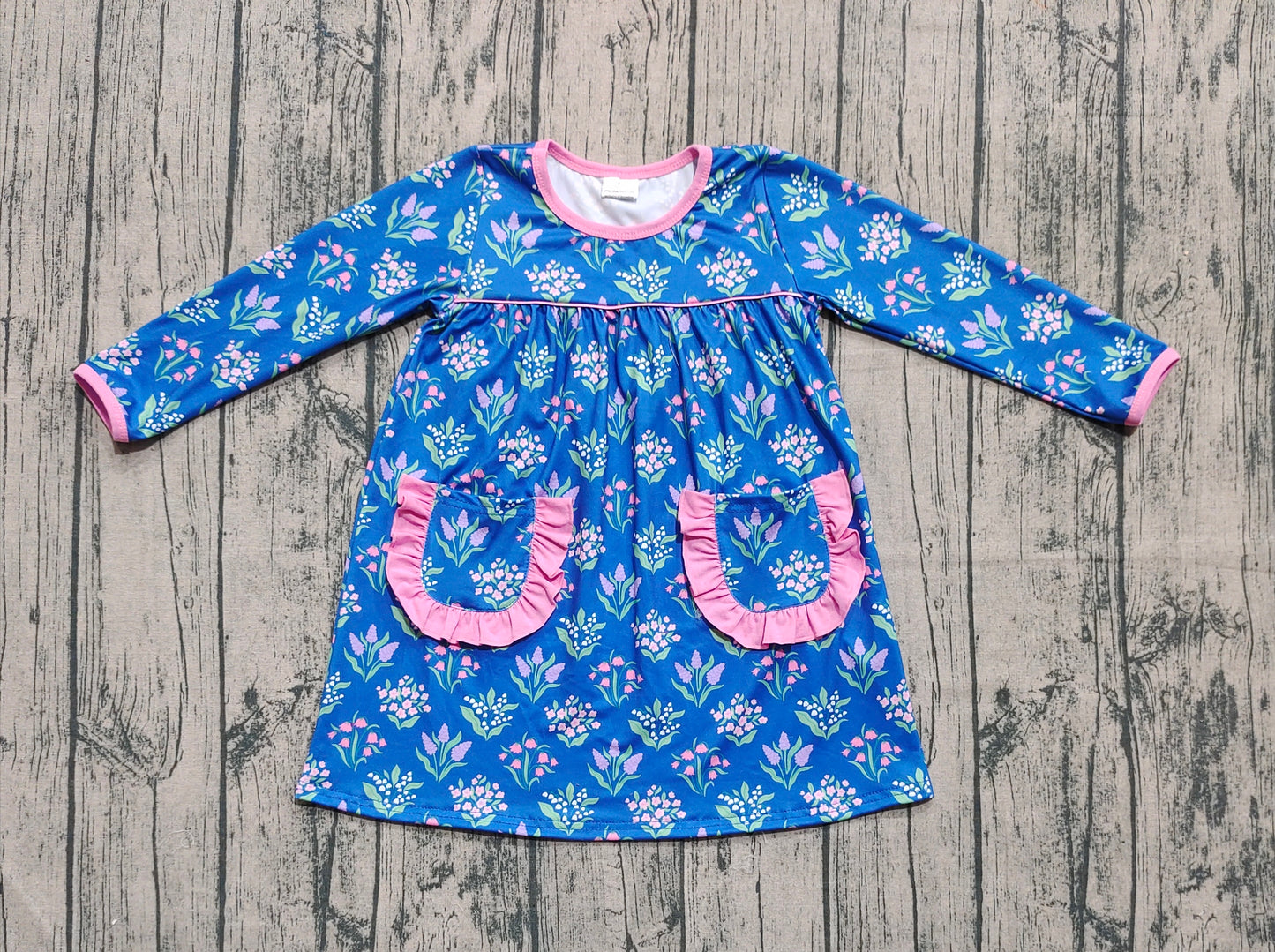 Baby Girls Blue Flowers Pockets Knee Length Dresses