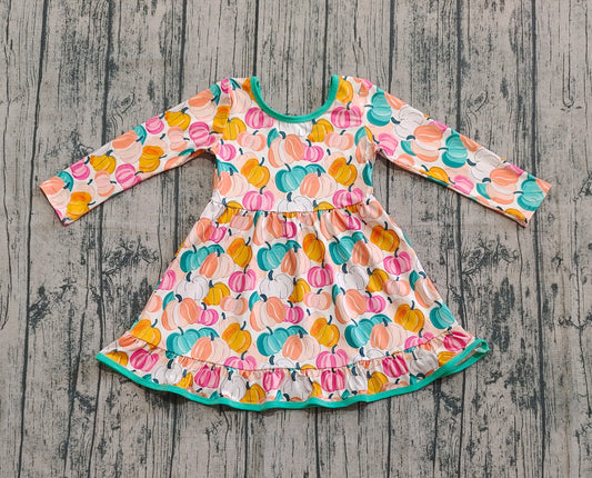 Baby Girls Colorful Pumpkins Plaid Fall Ruffle Knee Length Dresses