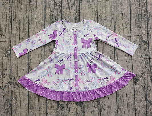 Baby Girls Purple Bows Button Ruffle Knee Length Dresses