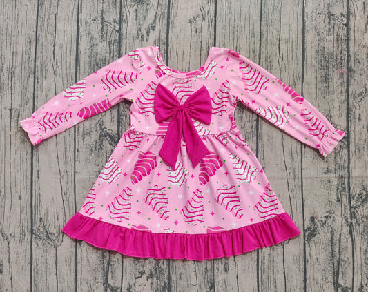 Baby Girls Pink Stripe Trees Stars Bow Christmas Ruffle Knee Length Dresses