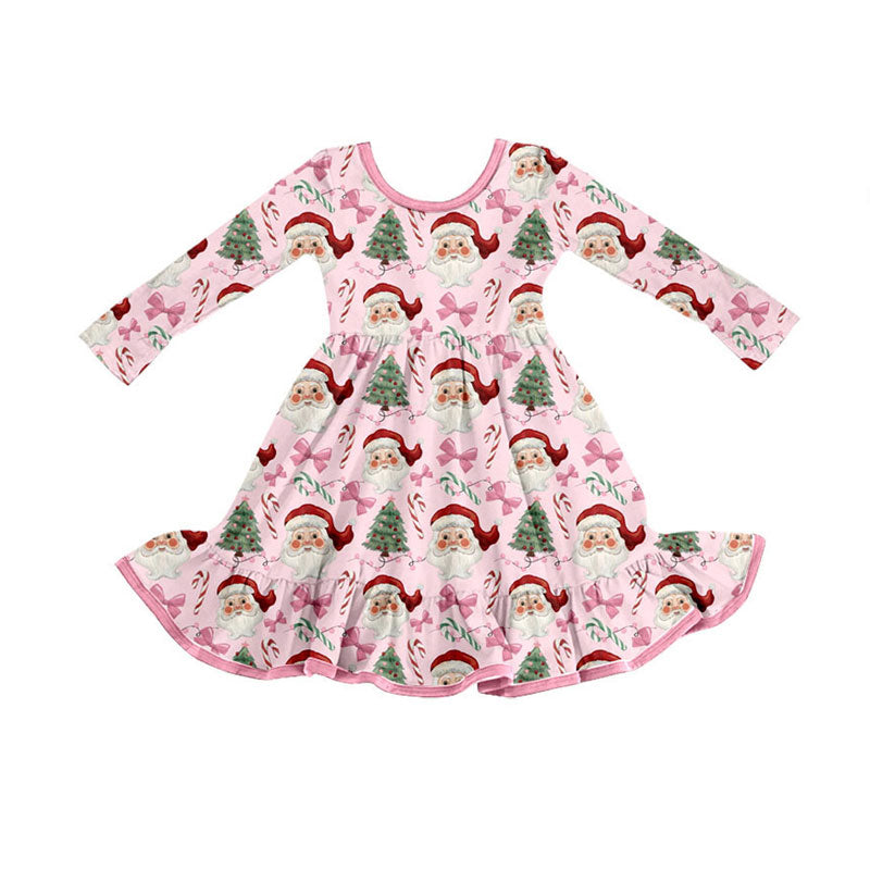 Baby Girls Pink Santa Candy Cane Plaid Christmas Knee Length Dresses Preorder