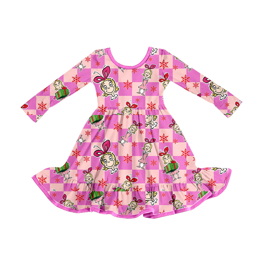 Baby Girls Pink Checked Cartoon Miss Christmas Ruffle Knee Length Dresses Preorder