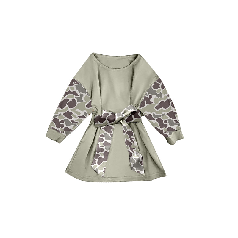 Baby Girls Khaki Camo Long Sleeve Belt Western Knee Length Dresses Preorder
