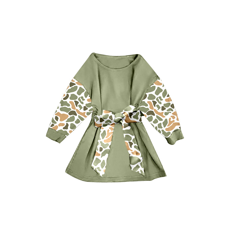 Baby Girls Green Camo Long Sleeve Belt Western Knee Length Dresses Preorder