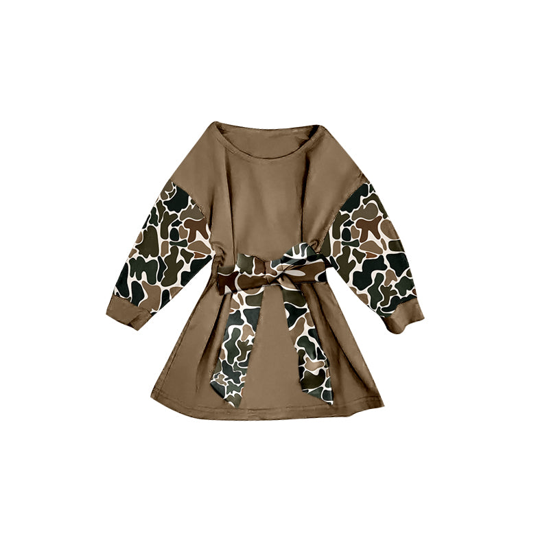 Baby Girls Brown Camo Long Sleeve Belt Western Knee Length Dresses Preorder