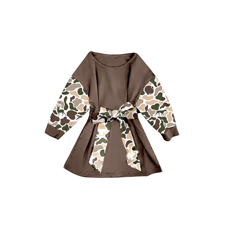 Baby Girls Deer Dogs Ducks Camo Long Sleeve Belt Western Knee Length Dresses Preorder