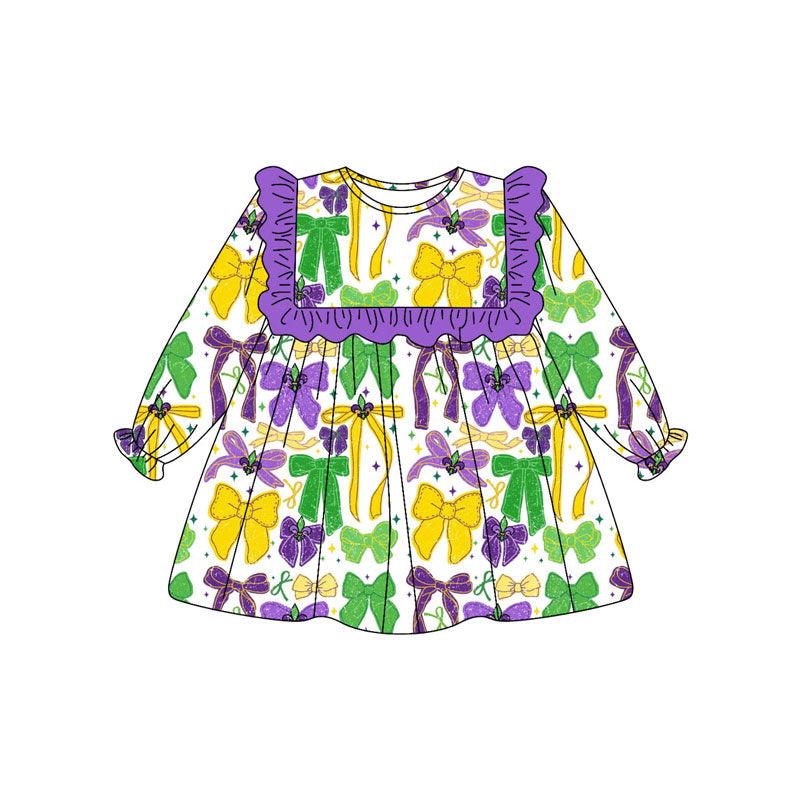 Baby Girls Purple Yellow Green Bows Mardi Gras Knee Length Dresses Preorder