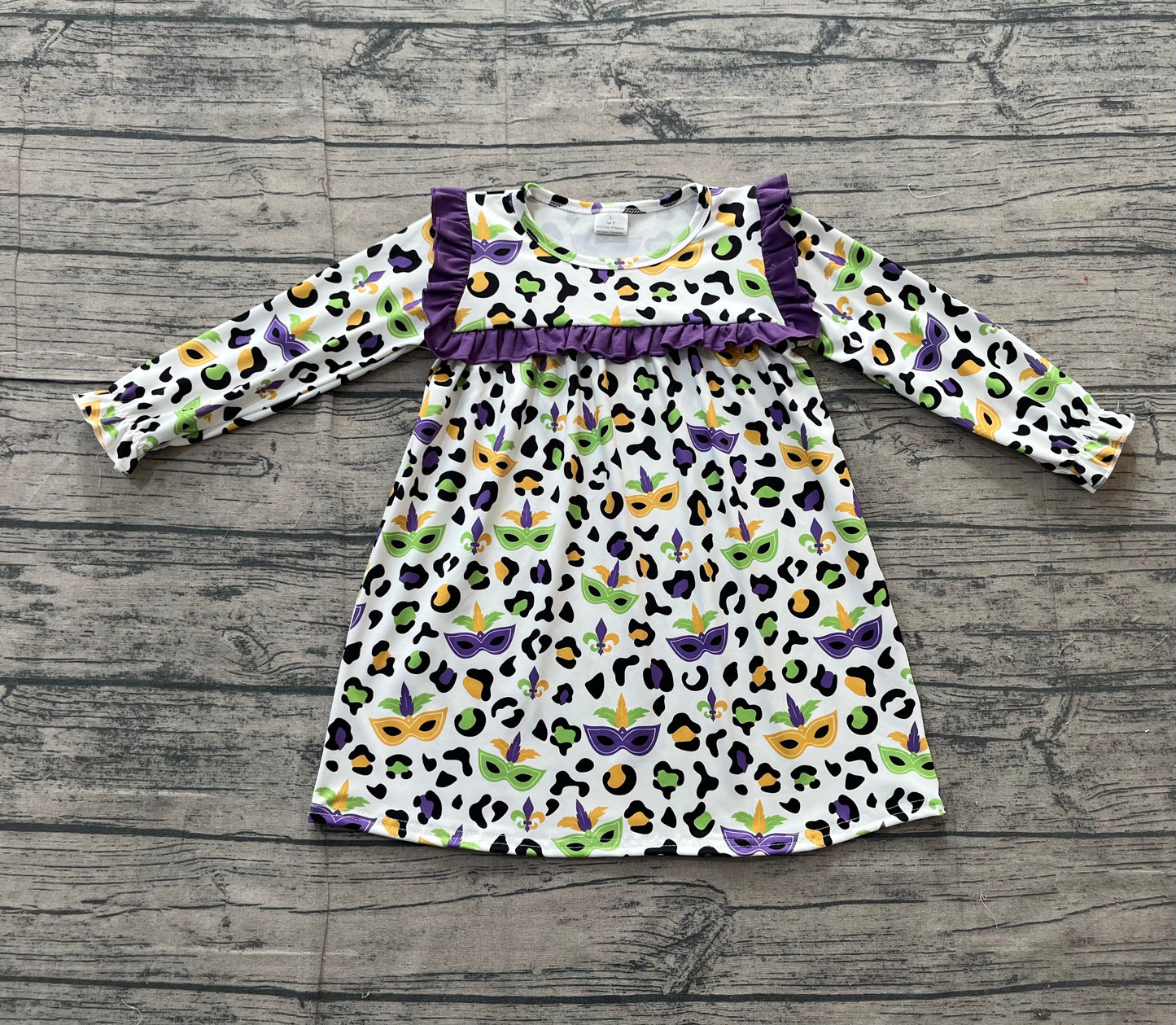Baby Girls Purple Green Yellow Leopard Masks Mardigras Knee Length Dress Preorder