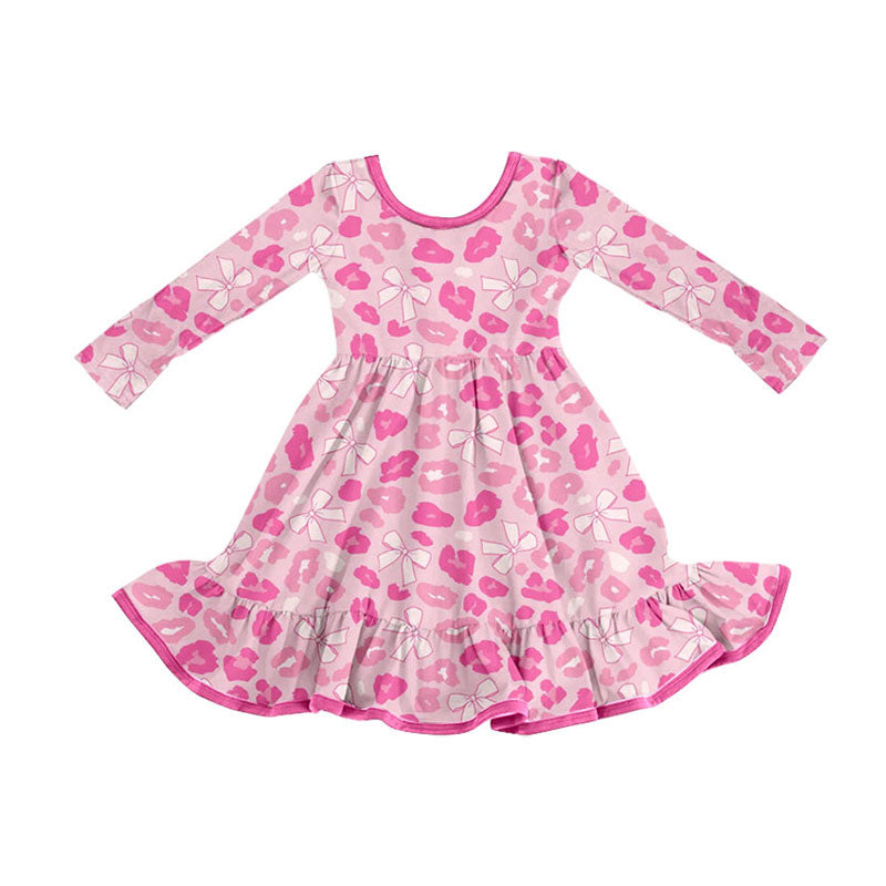 Baby Girls Pink Bows Leopard Ruffle Knee Length Dresses Sets Preorder