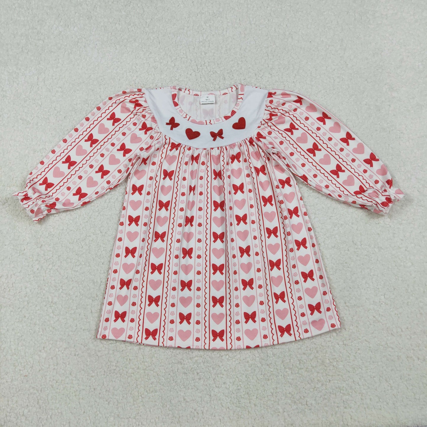 Sibling Baby Girls Embroidery Hearts Bows Ruffle Sleeves Valentines Knee Length Dresses Rompers