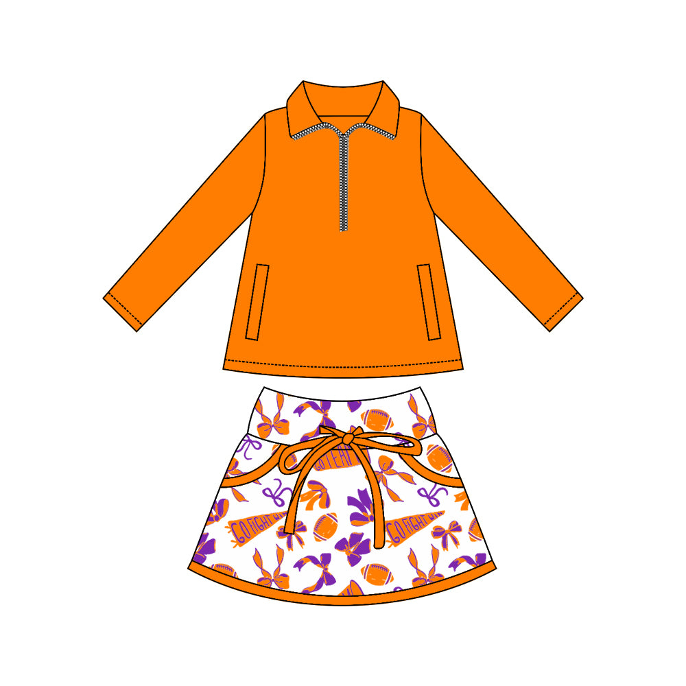 Baby Girls Orange Zipper Pullovers Pockets Team Skorts Yoga Clothes Set Preorder