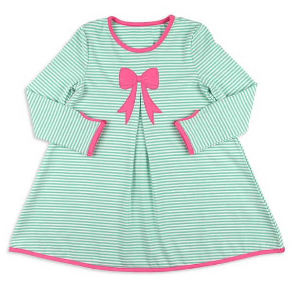Baby Girls Aqua Stripes Bow Top Knee Length Dresses Preorder