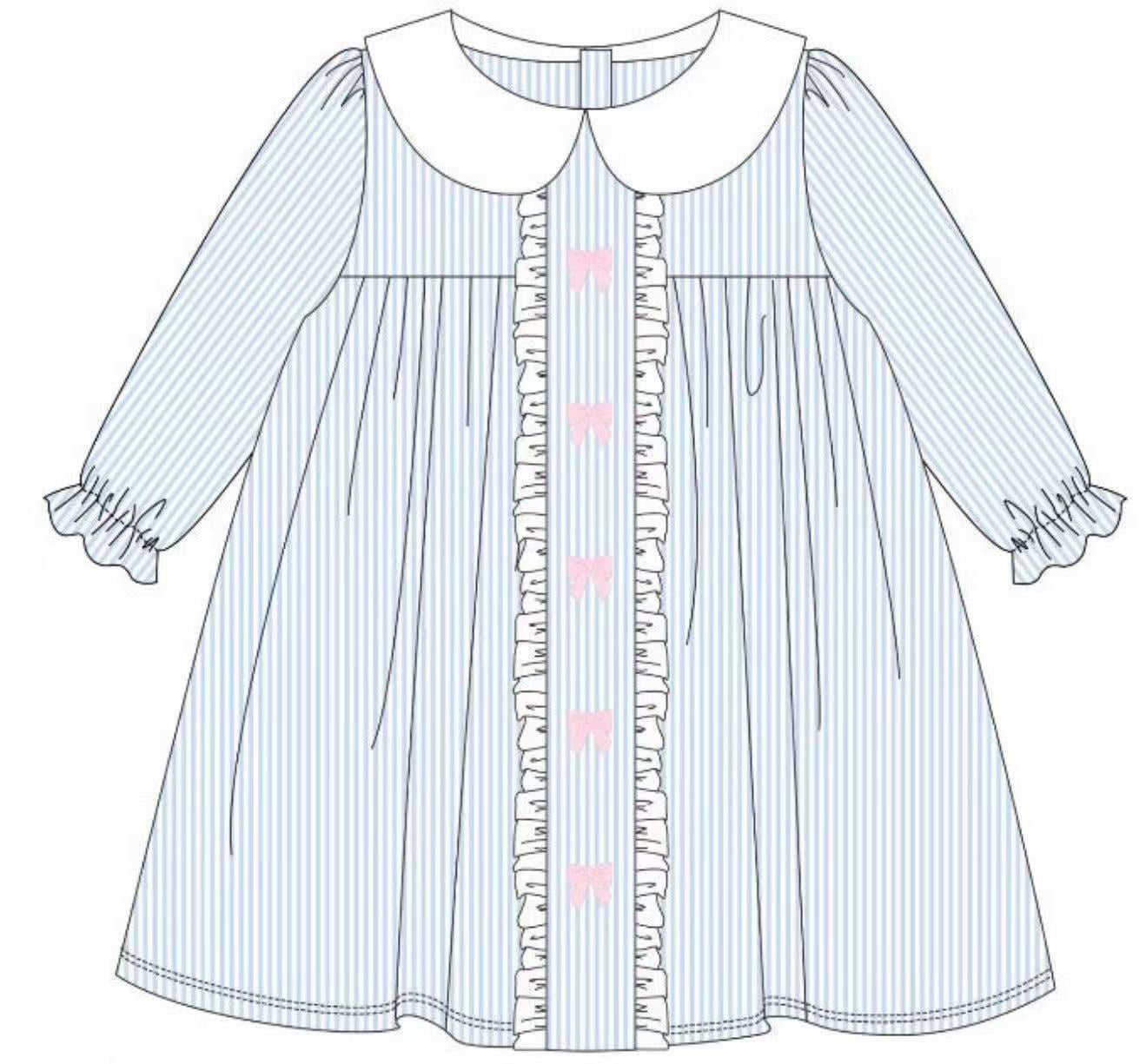 Baby Girls Blue Stripe Bows Valentine Ruffle Knee Length Dresses Preorder