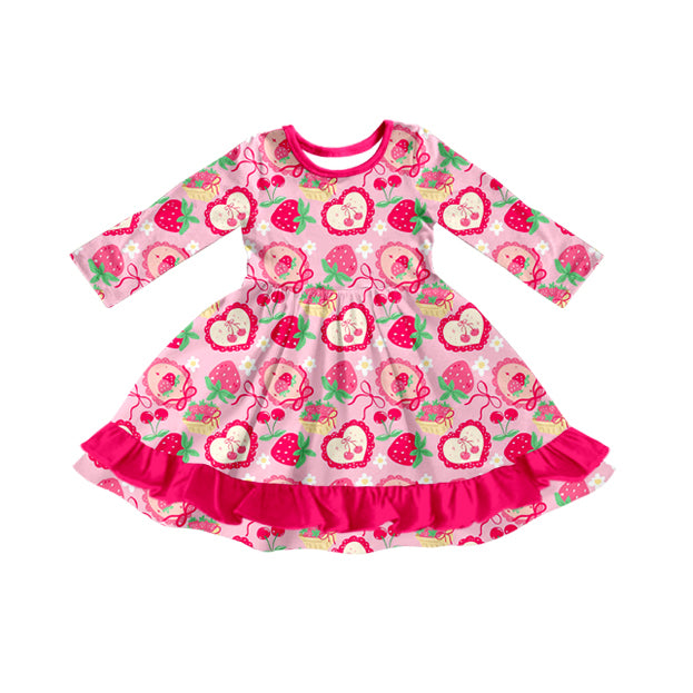 Baby Girls Pink Bows Strawberry Flowers Ruffle Knee Length Dresses Preorder