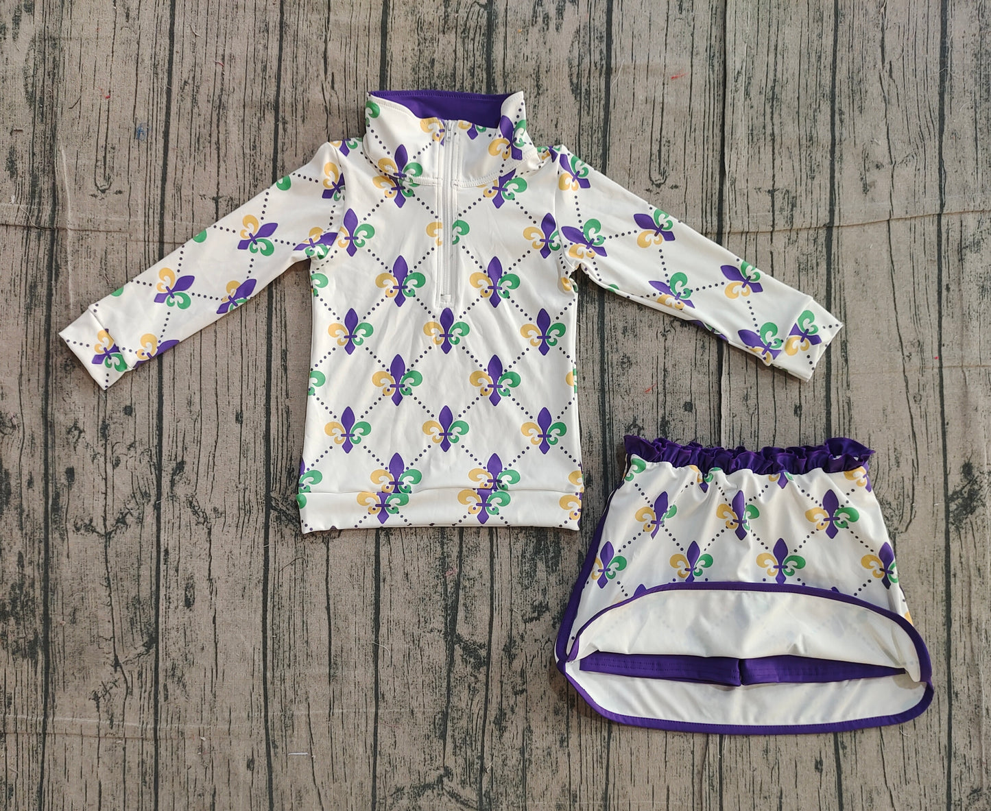 Baby Girls Mardigras Anchors Checked Zip Pullovers Skirt Shorts Yoga Active Clothes Set