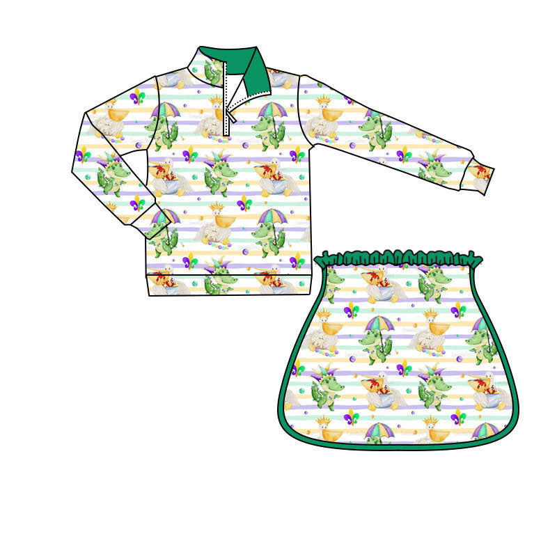 Baby Girls Mardigras Anchors Crocodiles Zipper Pullovers Skirt Shorts Yoga Clothes Set Preorder