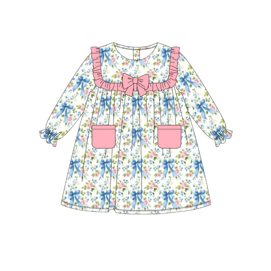 Baby Girls Bows Floral Pockets Knee Length Dresses Preorder