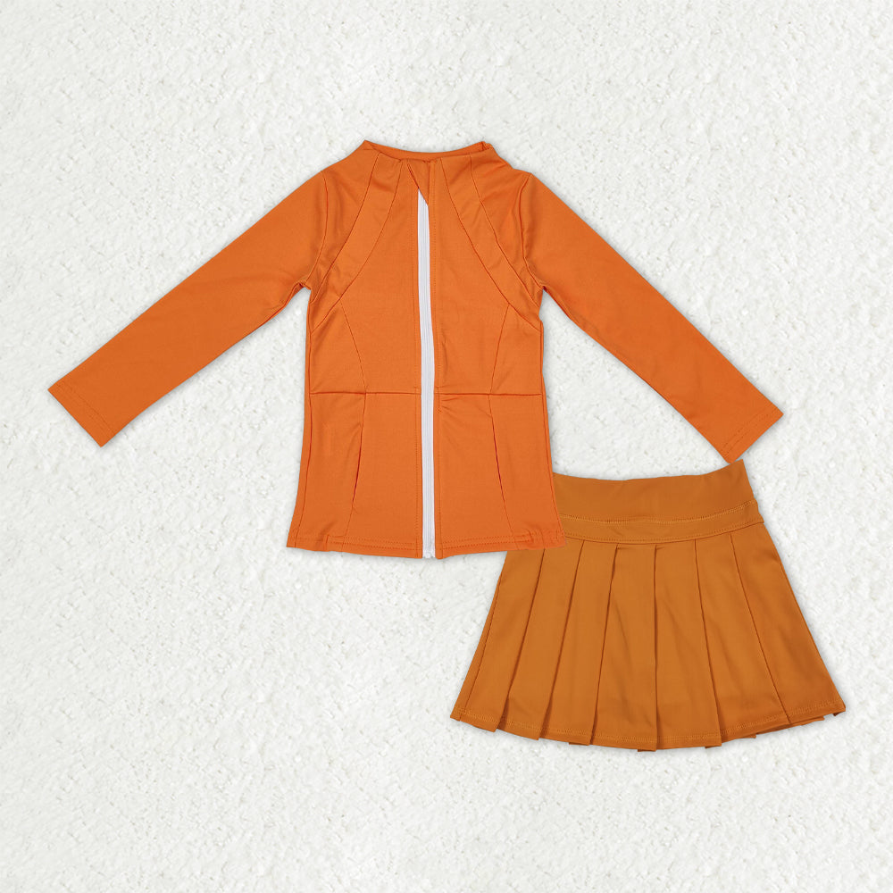 Baby Girls Orange Zipper Pockets Jackets Skirt Shorts Yoga Active Clothes Sets