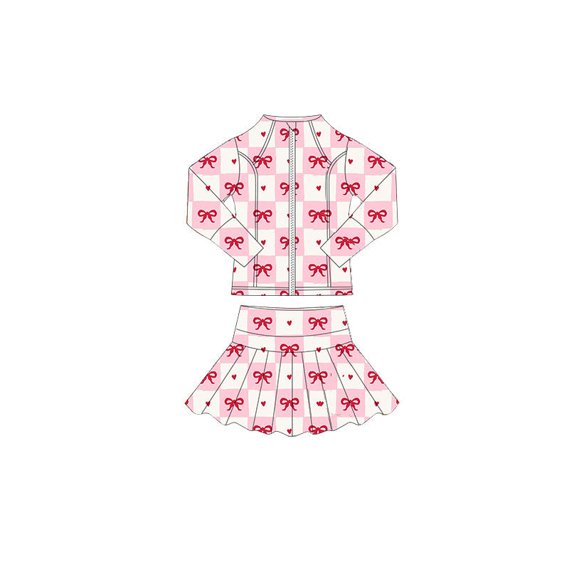 Baby Girls Pink Bows Hearts Checked Zipper Jacket Skorts Valentine Yoga Clothes Sets Preorder