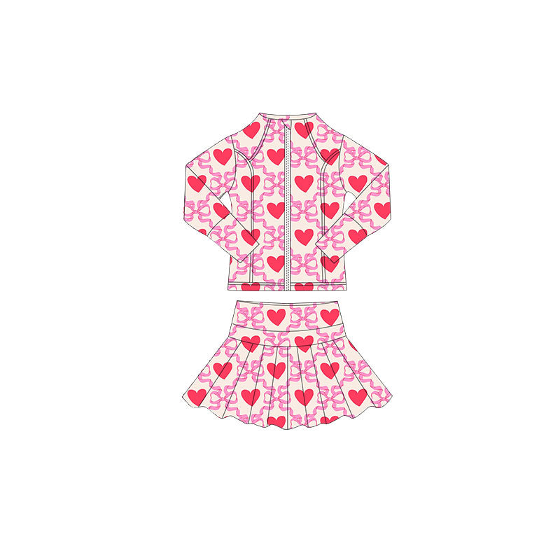 Baby Girls Pink Bows Hearts Plaid Zipper Jacket Skorts Valentine Yoga Clothes Sets Preorder