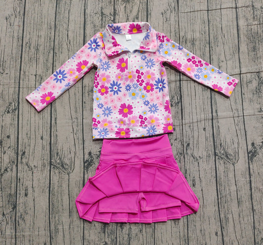 Baby Girls Flowers Zipper Pullovers Pink Skort Yoga Clothes Set Preorder