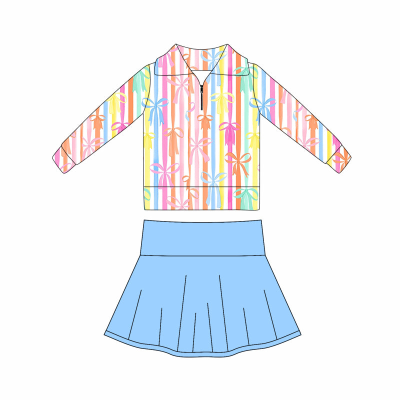 Baby Girls Colorful Bows Stripe Zipper Pullovers Blue Skort Yoga Clothes Set Preorder