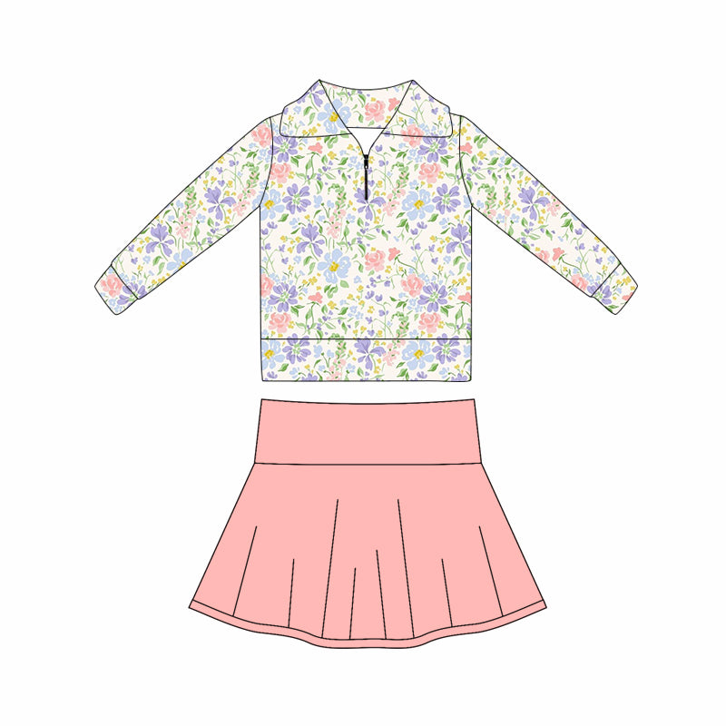 Baby Girls Floral Stripe Zipper Pullovers Peach Skort Yoga Clothes Set Preorder