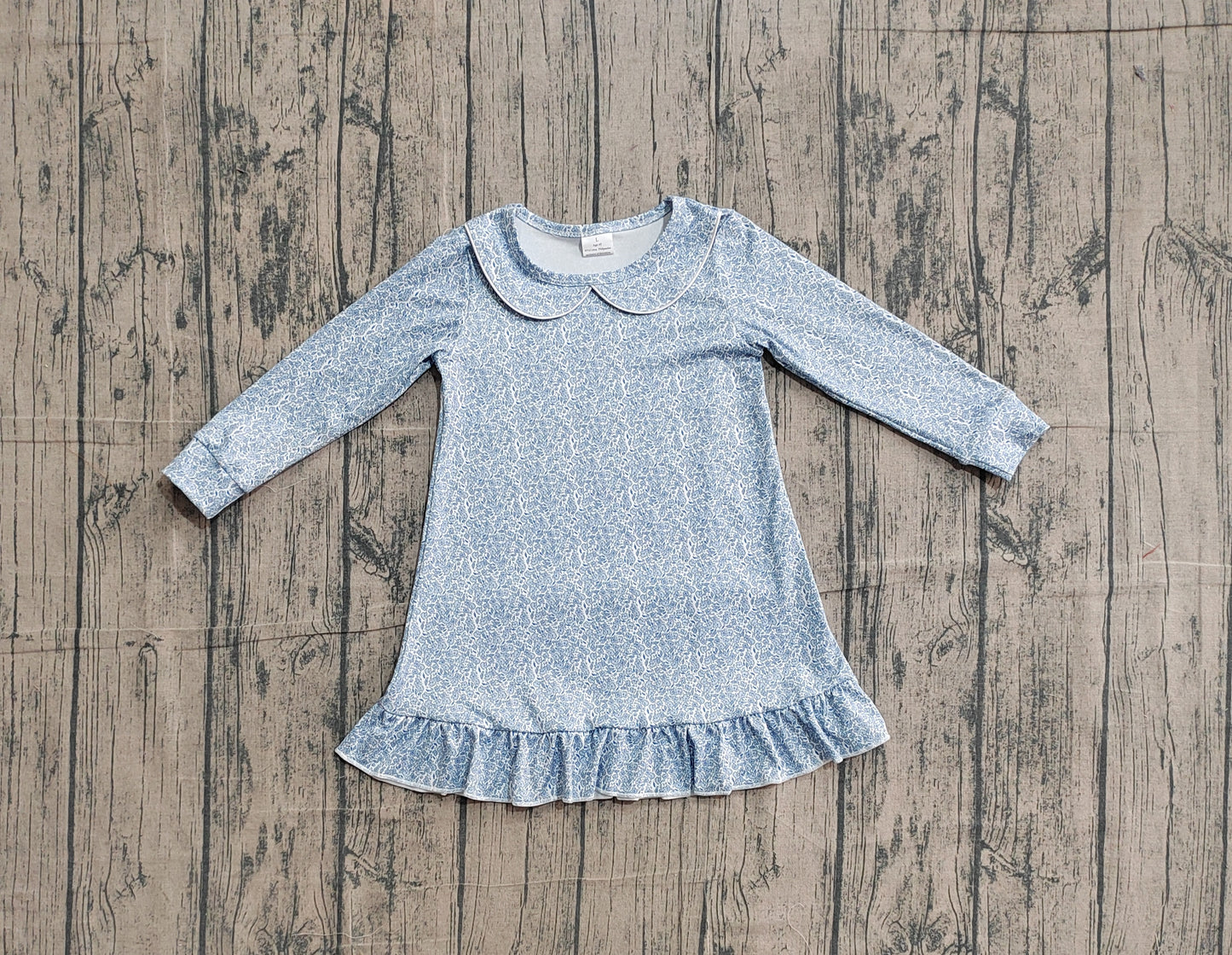 Baby Girls Long Sleeve Blue Floral Collar Ruffle Knee Length Dresses