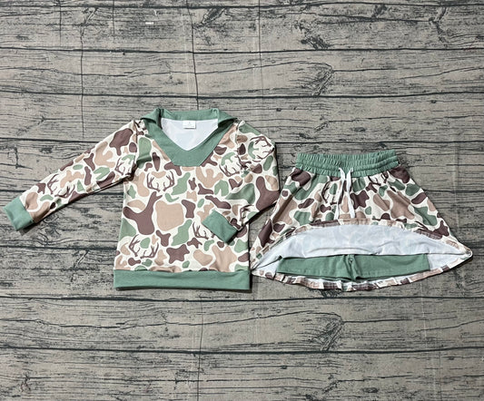 Baby Girls Green Deer Camo Long Sleeve Skirts Shorts Hunting Clothes Sets Preorder