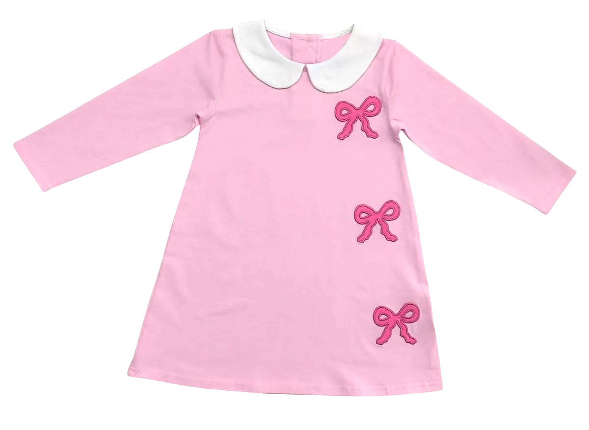 Baby Girls Pink Long Sleeve Bows Collar Valentine Knee Length Dresses Preorder