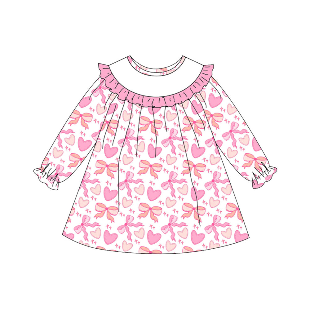 Baby Girls Pink Long Sleeve Bows Hearts Valentine Knee Length Dresses Preorder