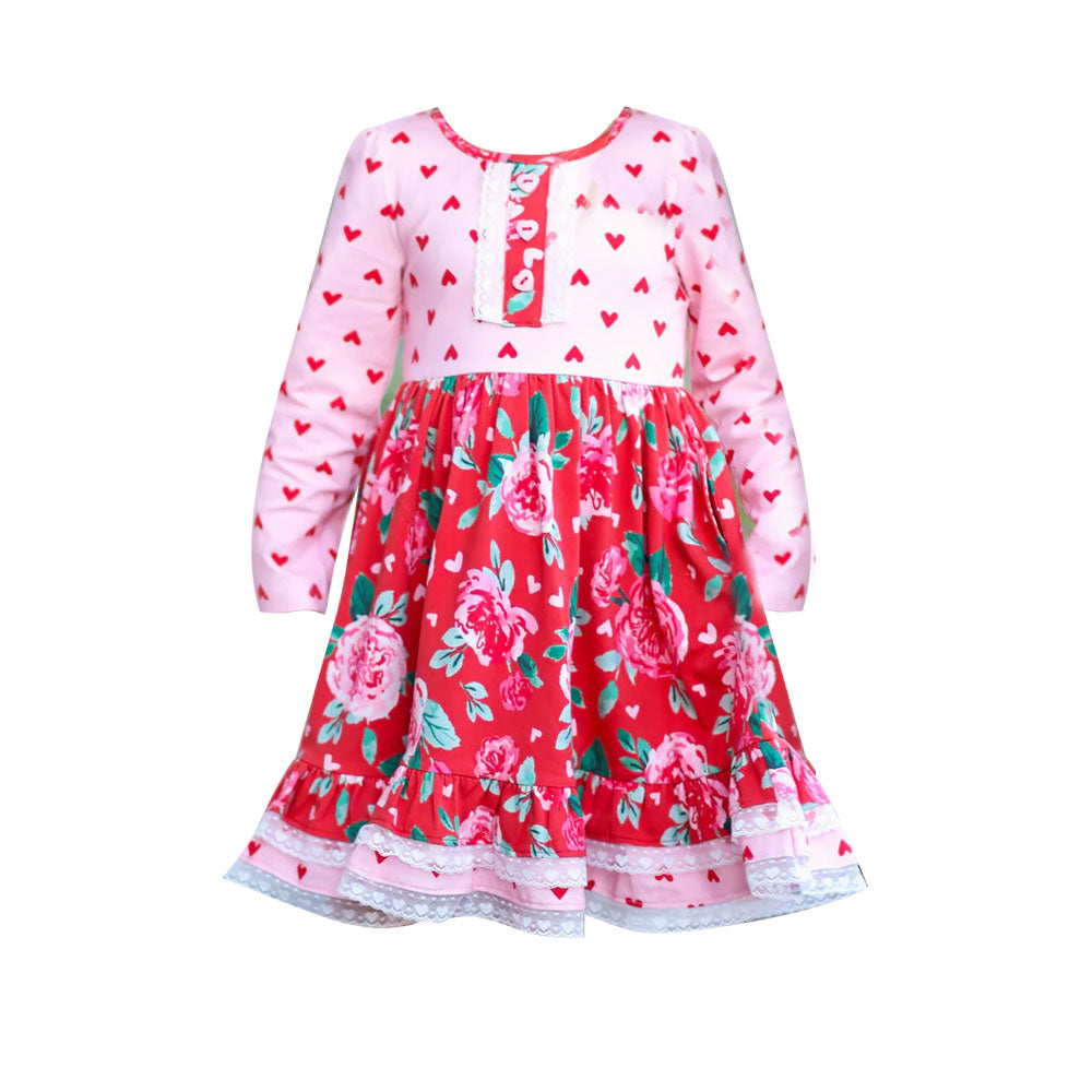 Baby Girls Pink Long Sleeve Flowers Hearts Valentine Knee Length Dresses Preorder