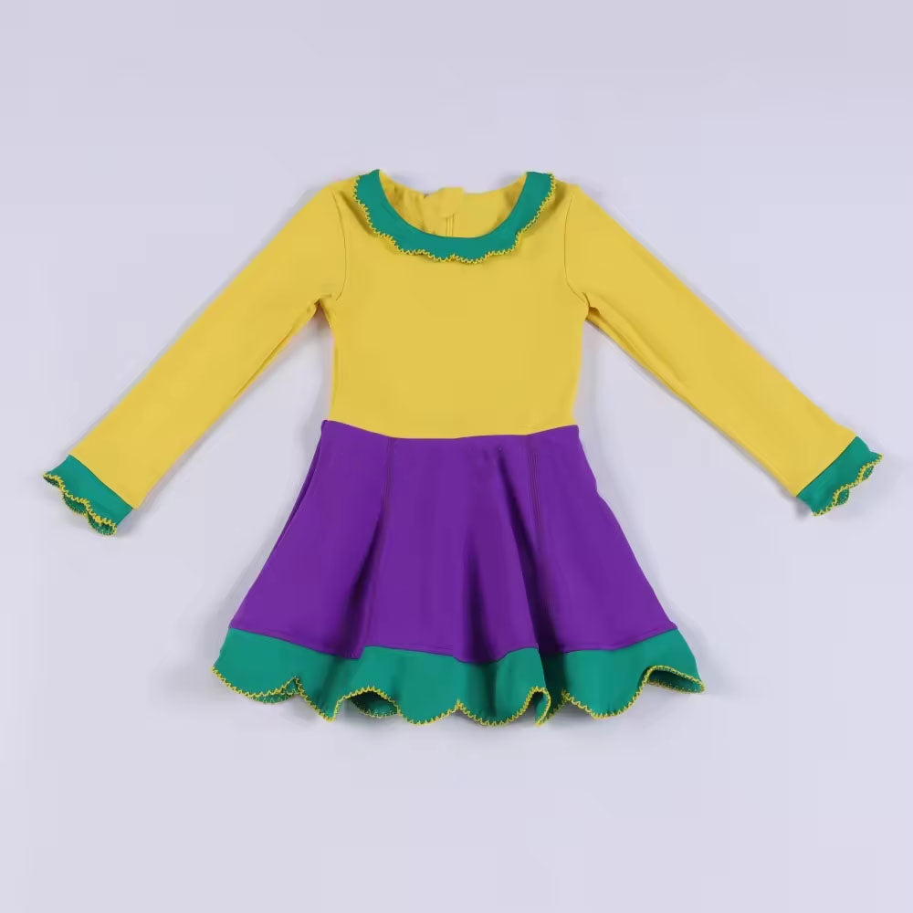 Baby Girls Long Sleeve Mardigras Yoga Ruffle Collar Knee length Dresses Preorder