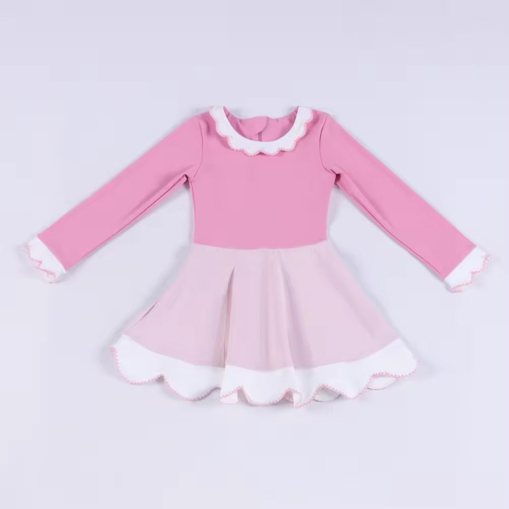 Baby Girls White Pink Yoga Ruffle Collar Knee length Dresses Preorder