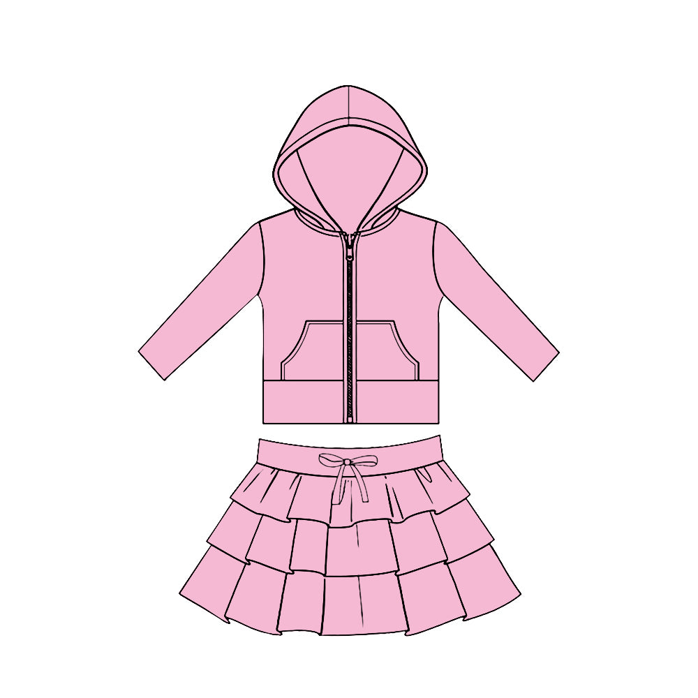 Baby Girls Pink Pockets Zip Hoodies Jacket Ruffle Skirt Shorts Yoga Clothes Sets Preorder
