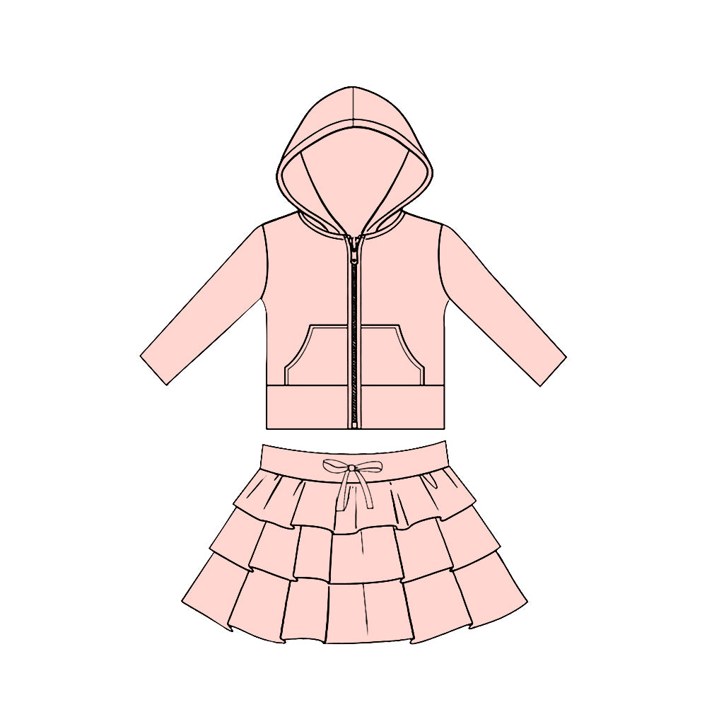 Baby Girls Light Pink Pockets Zip Hoodies Jacket Ruffle Skirt Shorts Yoga Clothes Sets Preorder