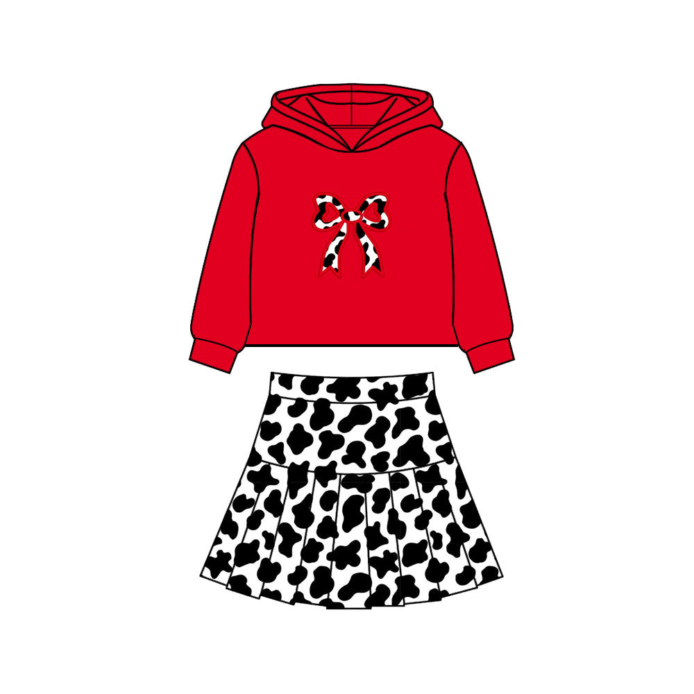 Baby Girls Red Hoodie Bows Top Cow Print Pleated Skirt Shorts Yoga Clothes Sets Preorder