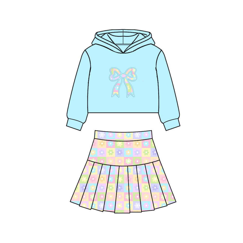 Baby Girls Blue Hoodie Bows Top Flowers Checked Pleated Skirt Shorts Yoga Clothes Sets Preorder