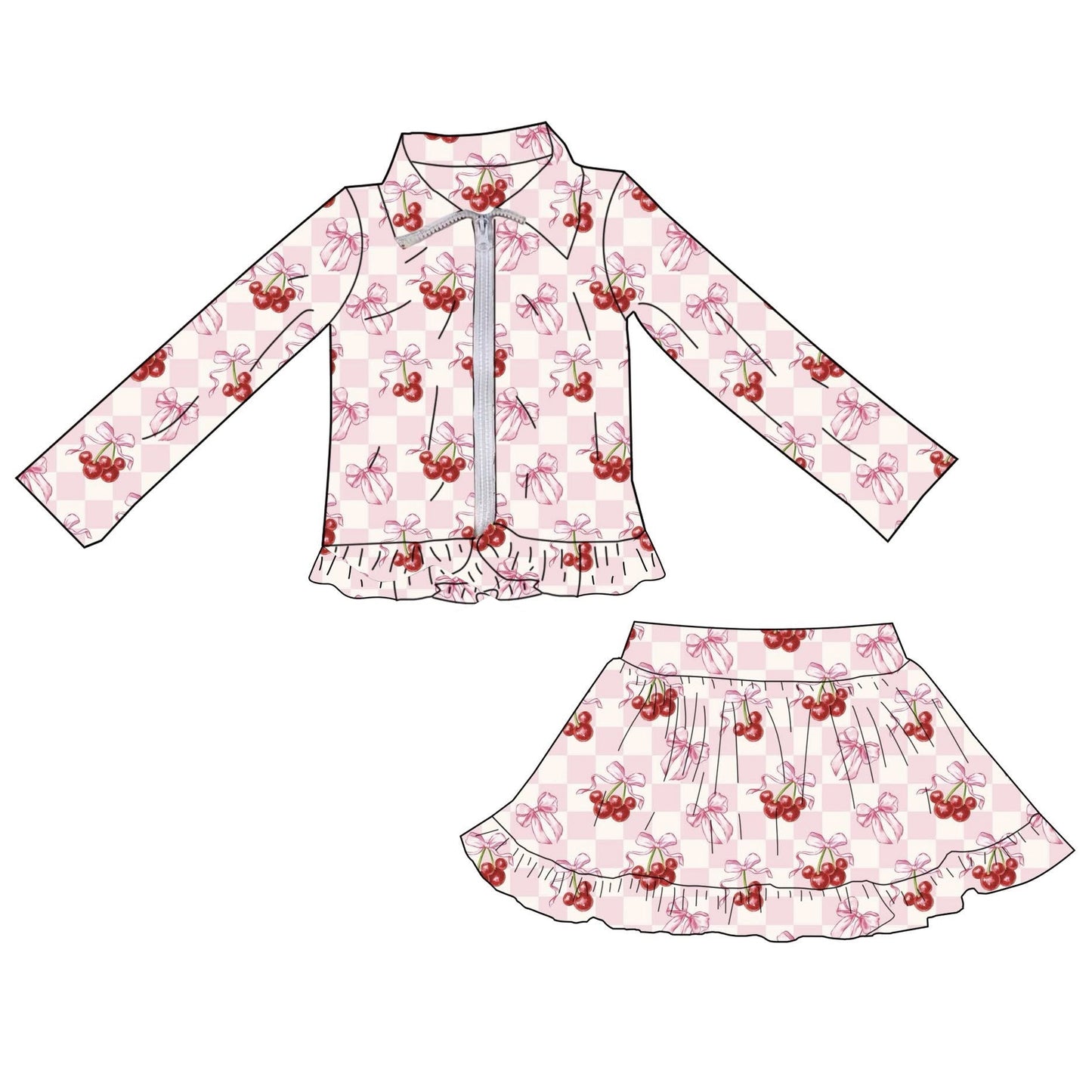 Baby Girls Pink Checked Bow Cherry Zip Jackets Skirt Shorts Yoga Clothes Sets Preorder